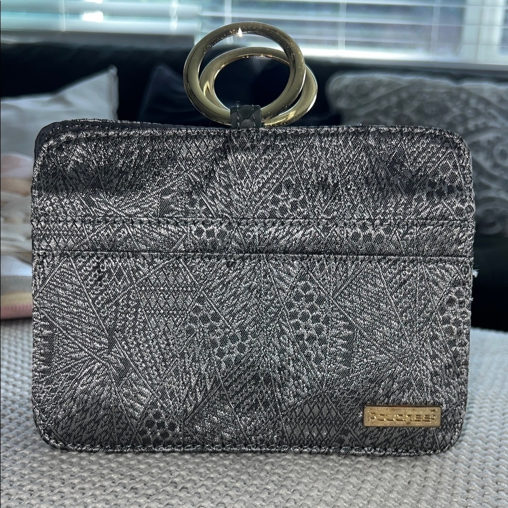 Pouchee Gray Metallic Purse Organizer Bag Gold Ring Handle Silver Green Interior